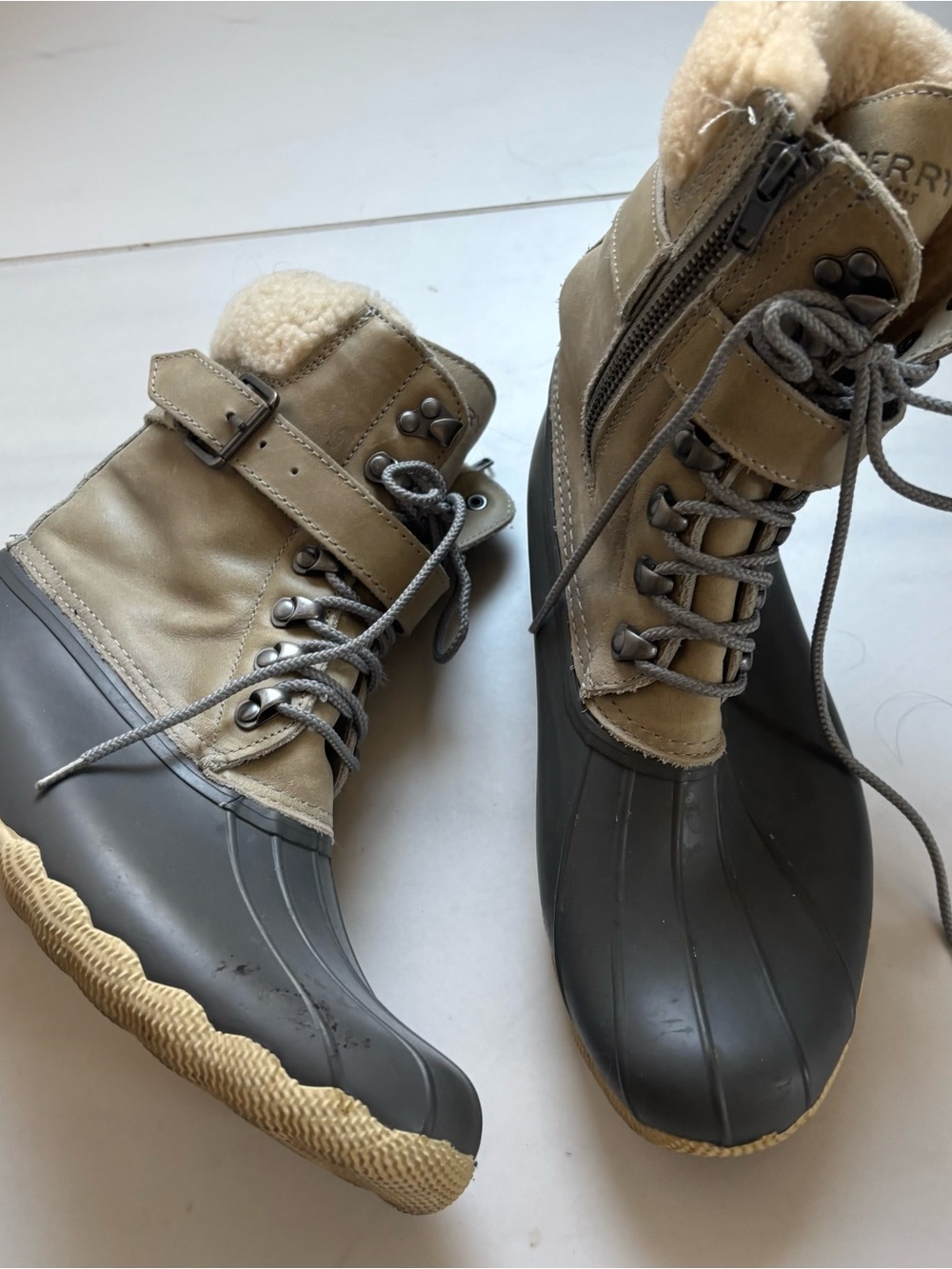 Sperry Tan and Gray Waterproof Winter Duck Boots australian fur